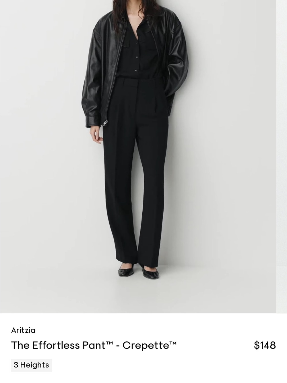 Aritzia Black effortless pant crepette - tailored inseam 30 inches size 6